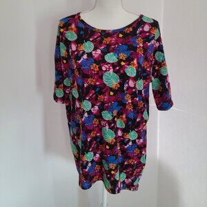 LULAROE IRMA -FLOWY-SCOOP NECK-HIGH LOW TUNIC -VIBRANT LEAF MOTIF-SIZE XXS(00-0)